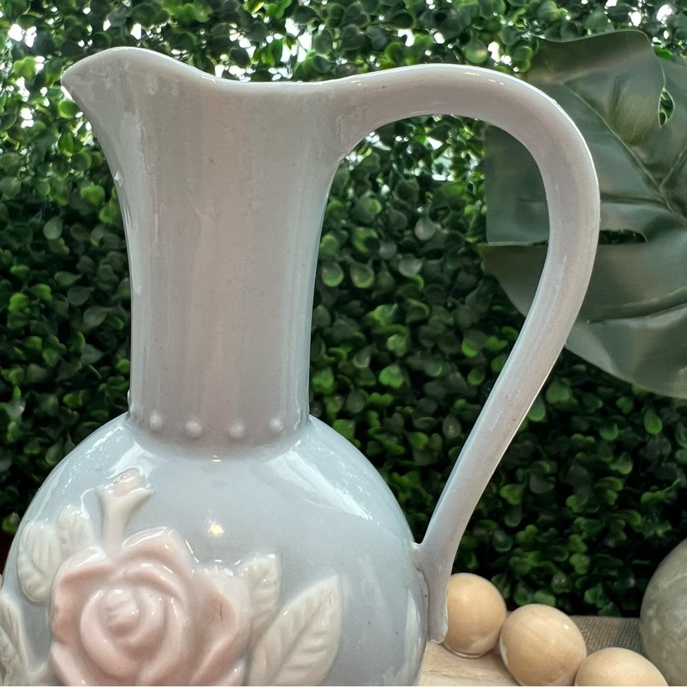 Vintage Light Blue Ceramic Pitcher with Rose Design | Small Bud Vase | Japan - Picture 4 of 10